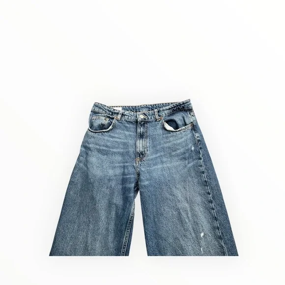 Zara Jeans Womens 10 Blue Wide Leg Distressed High Rise Denim Pants 6688/334 - Picture 9 of 13